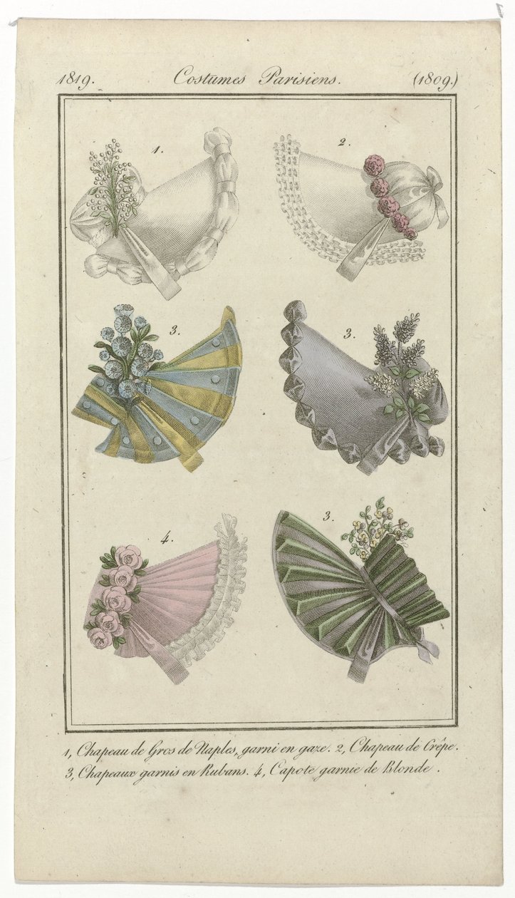 Journal des Dames et des Modes, Costumes Parisiens, 1819. április 15., (1809): 1, Gros de Naples Hat (...) alkotó: Anonymous