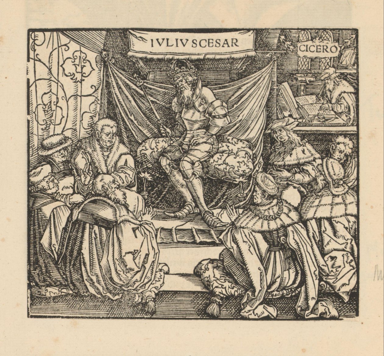 Julius Caesar egy tanácsülésen, hátul pedig Cicero ír alkotó: Anonymous