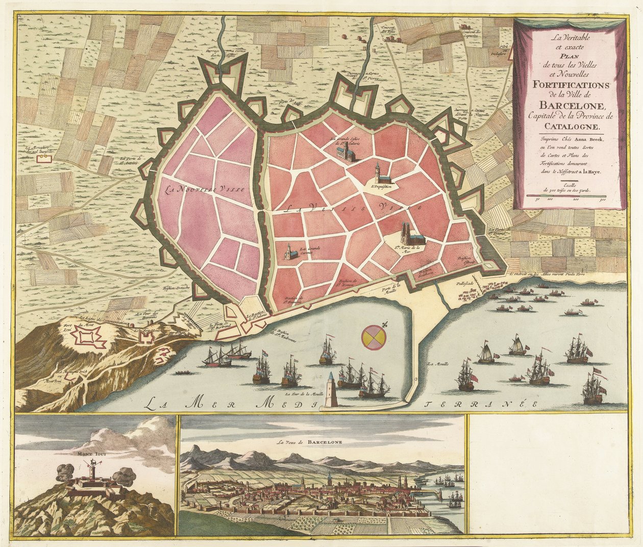 Kaart van Barcelona, ​​kb. 1706 Katalónia tartomány fővárosa, Barcelona városának régi és új erődítményeinek valódi és pontos terve (cím az objektumon) alkotó: Anonymous
