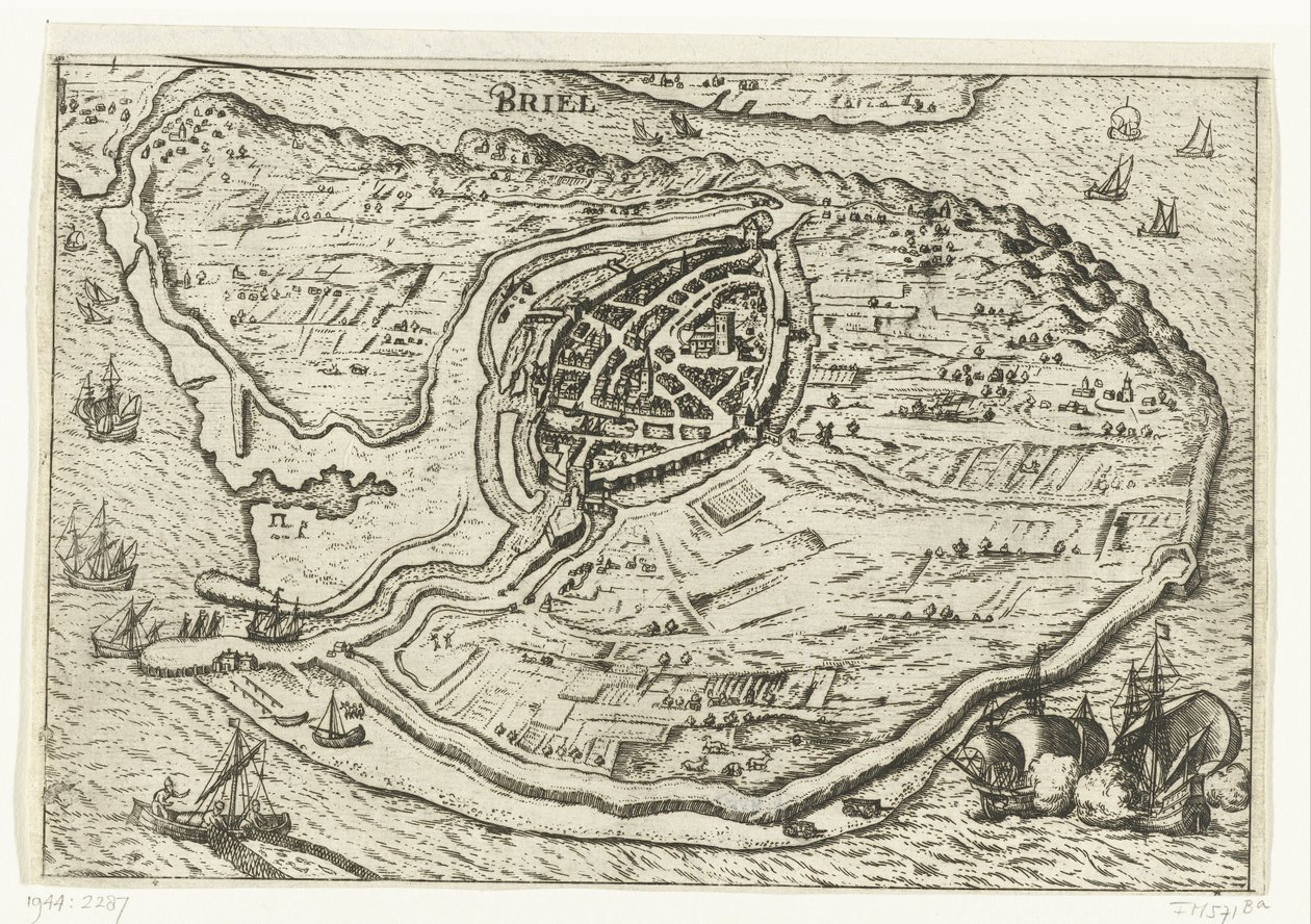Voorne sziget térképe és Brielle térképe, 1572 Briel (cím az objektumon) alkotó: Anonymous