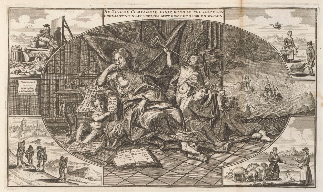 A South Seas Company panasza, 1720 A Zuidzé Társaság szél által a csúcsra emelkedik / Most egy aggódó lénnyel panaszkodik elvesztése miatt (cím a tárgyon) A bolondság nagy jelenete (sorozat címe) alkotó: Anonymous