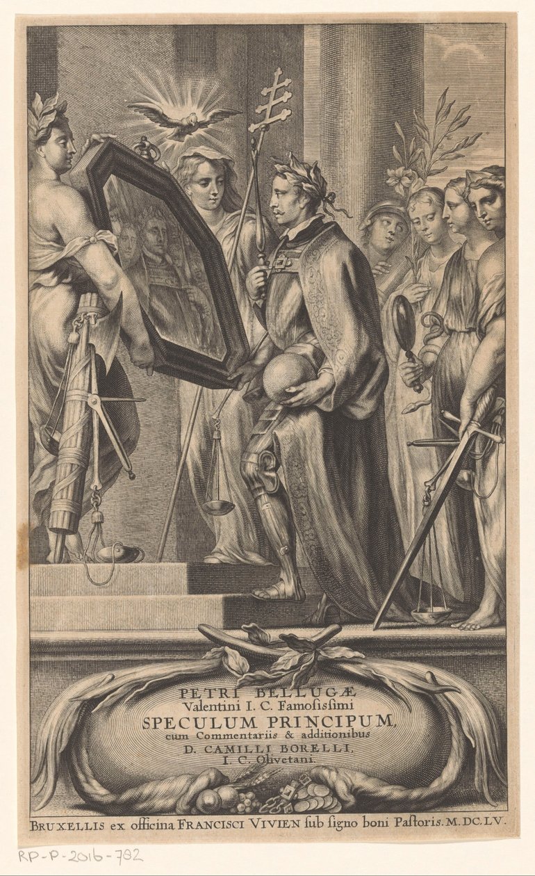 A királyt az Igazságosság és a Hit tükrözi Címlap: Petrus Belluga és Camillo Borello, Speculum principum, 1655 alkotó: Anonymous