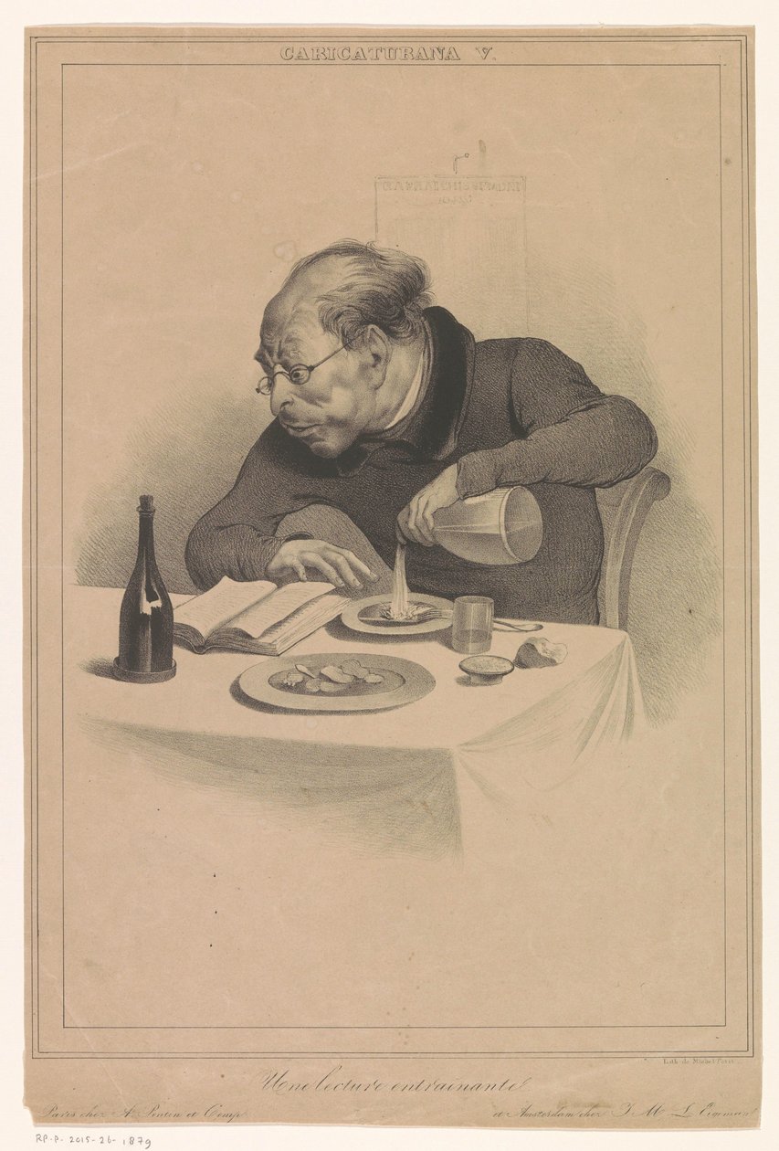 Olvasó ember Une előadás entraînante (cím a tárgyon) Karikatúrák (Pontin és Eigeman kiadóktól) (sorozat címe) Caricaturana (sorozat címe a tárgyon) alkotó: Anonymous