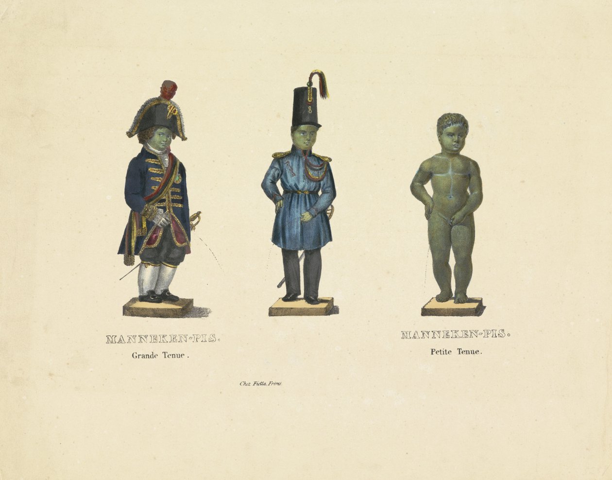 Manneken Pis különböző ruhákban, 1817 Manneken-Pis. Nagyszerű öltözet. Manneken-Pis. Kisméretű ruha (cím a tárgyon) alkotó: Anonymous