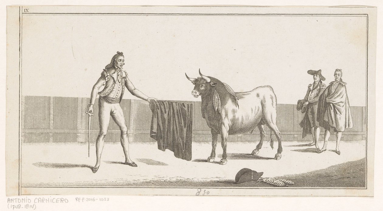 Matador kihív egy bikát Coleccion de las Principles suertes de una corrida de toros (sorozat címe az objektumon) A legfontosabb bikaviadal manőverek gyűjteménye (sorozat címe) alkotó: Anonymous