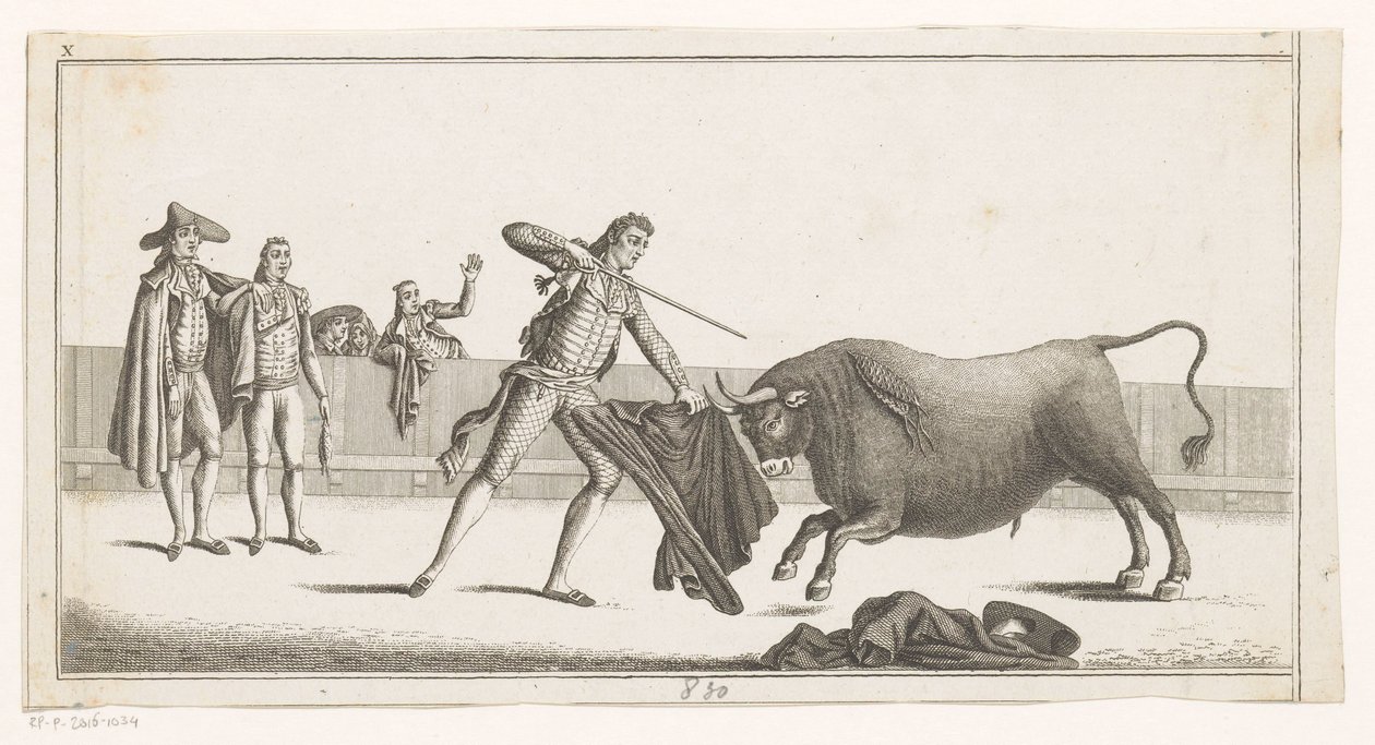Matador kihív egy bikát Coleccion de las Principles suertes de una corrida de toros (sorozat címe az objektumon) A bikaviadal legfontosabb manővereinek gyűjteménye (sorozat címe) alkotó: Anonymous
