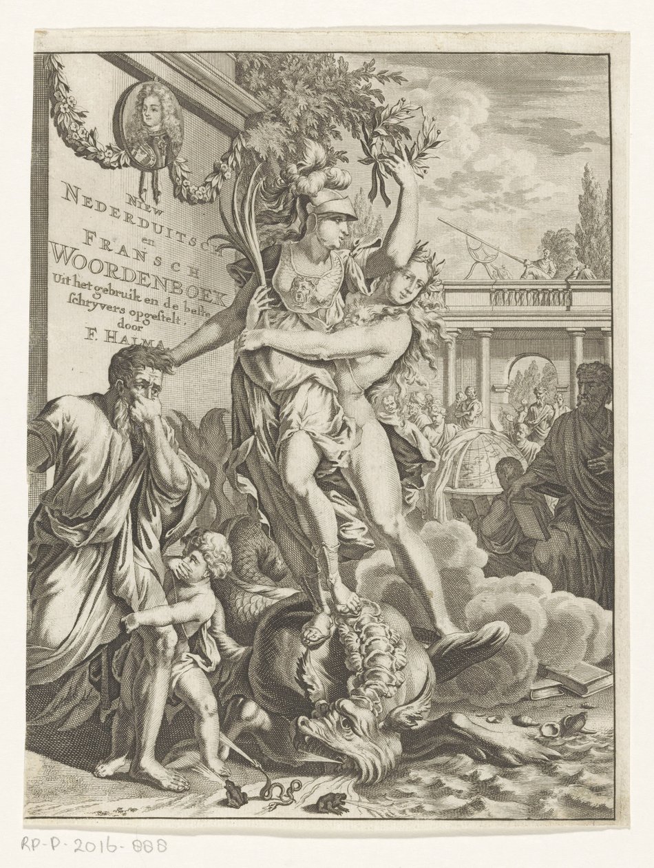 Minerva eltaposja a tűzokádó tengeri szörnyet Új alnémet és francia szótár (cím a tárgyon) Címlap ehhez: François Halma, Holland és francia nyelvek szótára, 1710 alkotó: Anonymous
