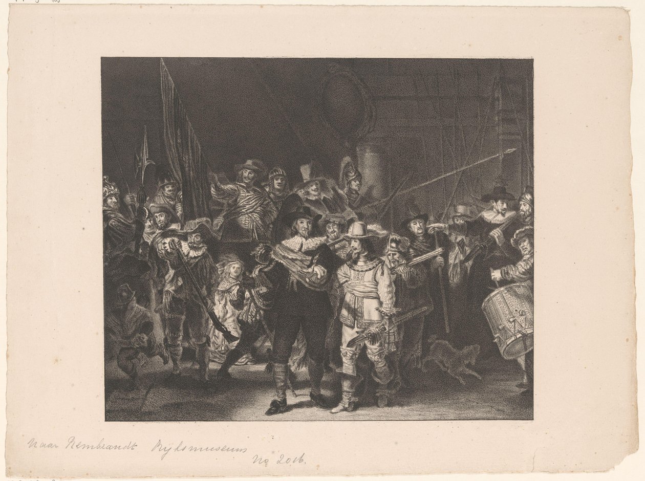 Az amszterdami II. kerület tisztjei és más fegyveresei Frans Banninck Cocq kapitány és Willem van Ruytenburch hadnagy vezetésével, akiket „éjszakai őrségnek” neveznek. alkotó: Anonymous