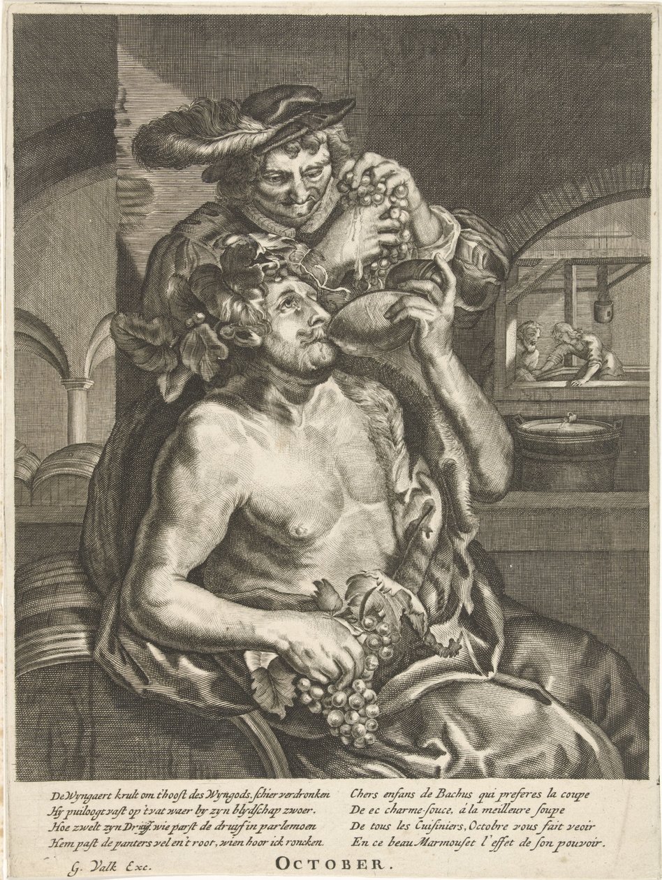 Október: Bacchus bort iszik október (cím a tárgyon) A tizenkét hónap (sorozat címe) alkotó: Anonymous
