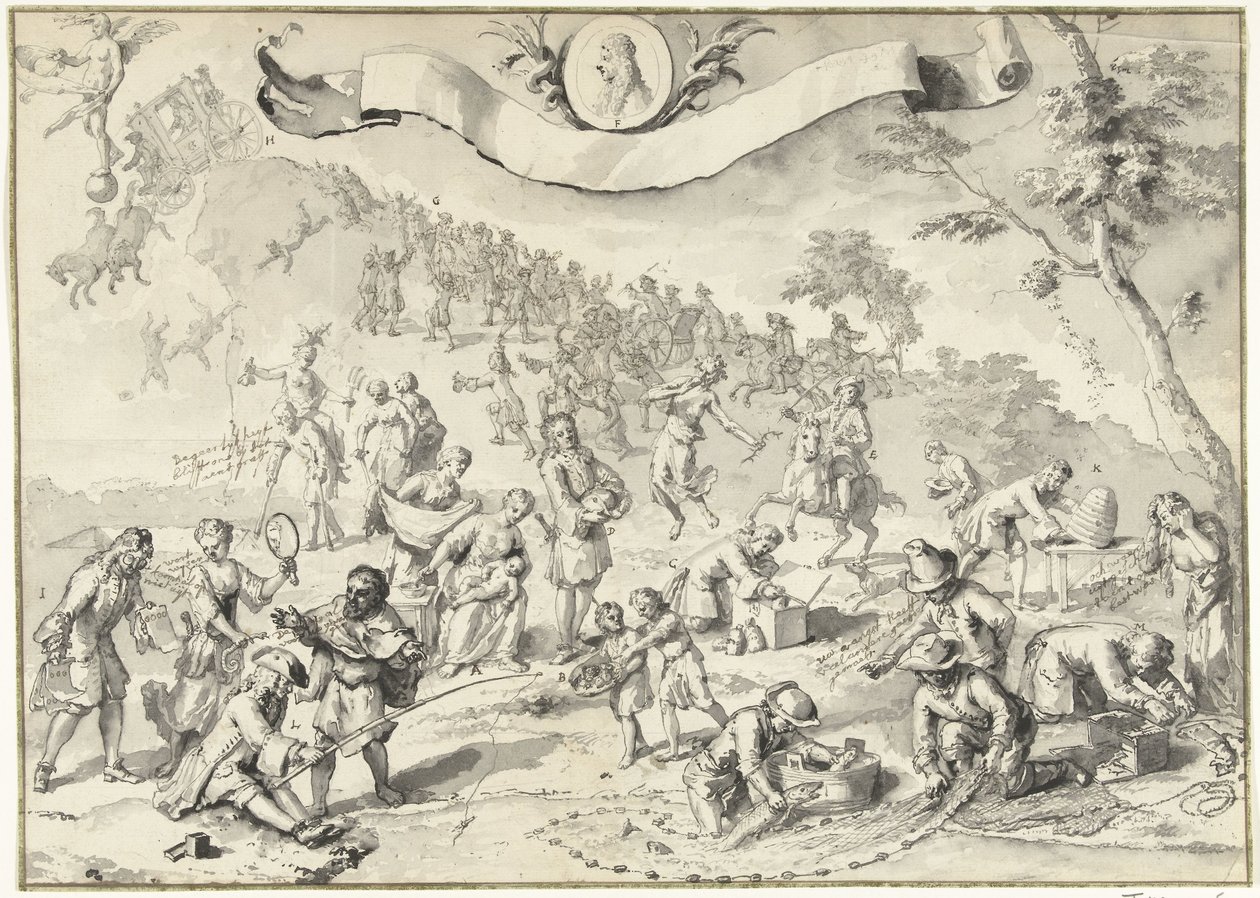 Tervrajz a nyomathoz A Greed megpróbálja megelőzni Fortunát, 1720 A bolondság nagy jelenete (sorozat címe) alkotó: Anonymous