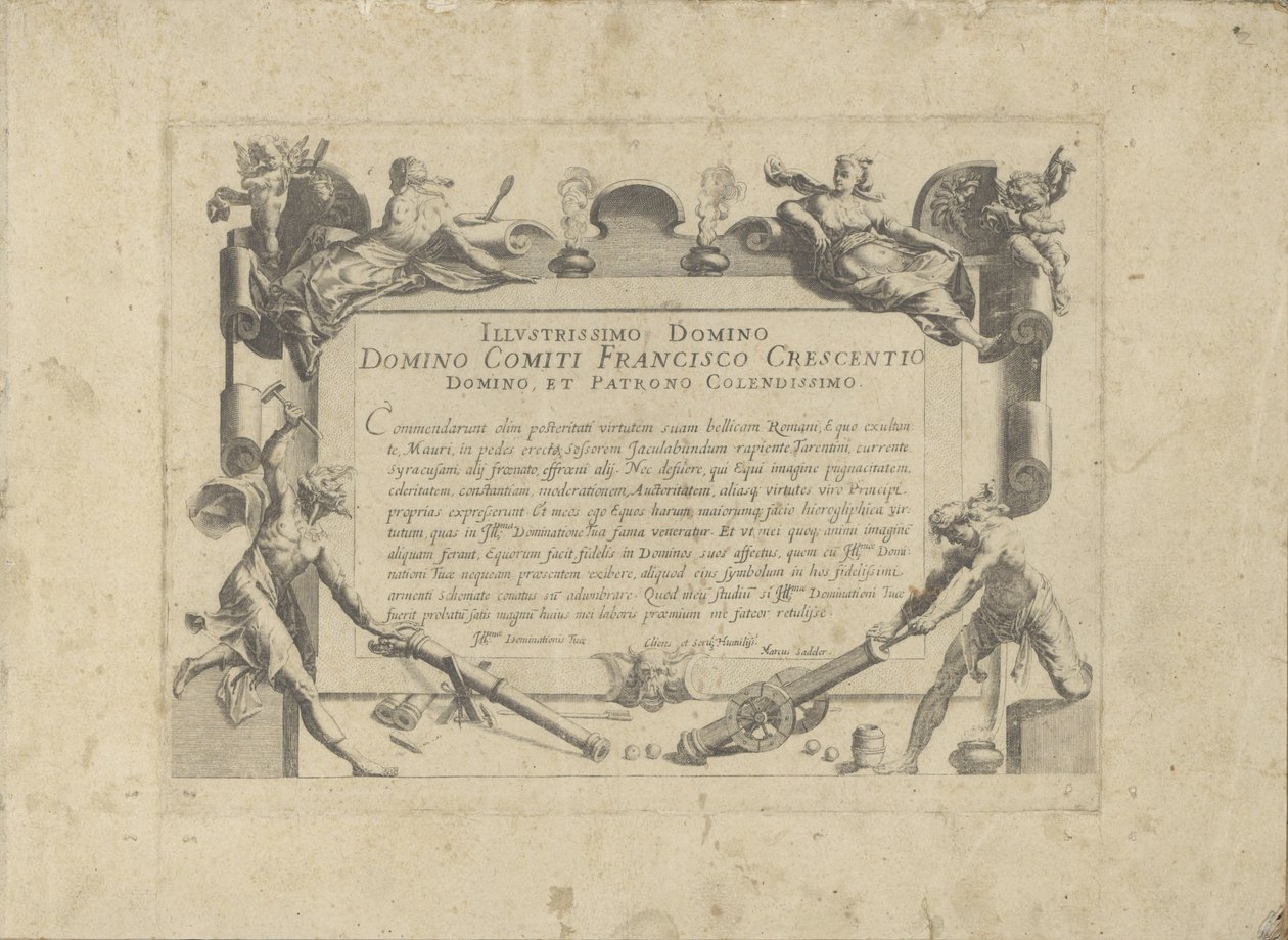 Ornamenteel cartouche met aan de schilder Francesco Crescenzi A ló, amelyben mindenféle nemes: a világ legkülönbözőbb pontjairól megkülönböztetett lovak viselkedése válogatott (...) (sorozat címe tárgyon) alkotó: Anonymous