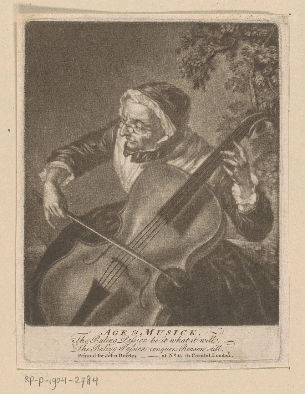 Öreg nő csellón játszik Age & Musick (cím a tárgyon) alkotó: Anonymous