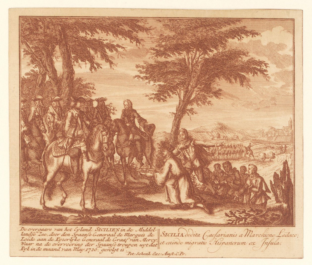 Szicília feladása a spanyolok által a franciáknak, 1720. május Az Eyland Sicilien feladása a Földközi-tengeren (...) (cím a tárgyon) alkotó: Anonymous