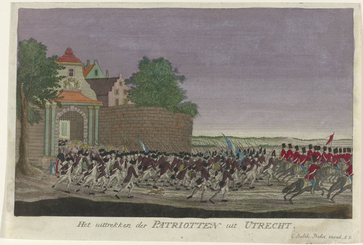 A hazafiak elhagyják Utrechtet, 1787 A Patriots kivonulása Utrechtből (cím a tárgyon) alkotó: Anonymous