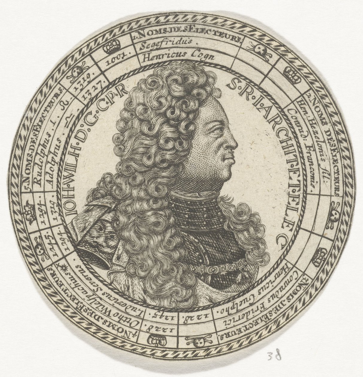 Érem Johan Willem arcképével és Pfalz választófejedelmeinek nevével alkotó: Anonymous
