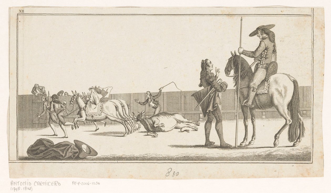 Picador és matador a bika megölése után Coleccion de las Principles suertes de una corrida de toros (sorozat címe az objektumon) A bikaviadal legfontosabb manővereinek gyűjteménye (sorozat címe) alkotó: Anonymous
