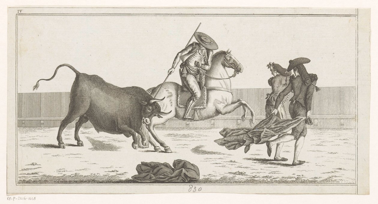 Picador lándzsáját egy bikába dönti Coleccion de las Principles suertes de una corrida de toros (sorozat címe az objektumon) A bikaviadal legfontosabb manővereinek gyűjteménye (sorozat címe) alkotó: Anonymous