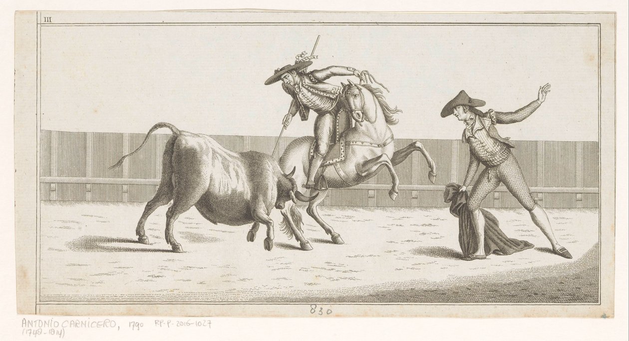 Picador egy bikába szúrja a lándzsáját Coleccion de las Principles suertes de una corrida de toros (sorozat címe az objektumon) A legfontosabb bikaviadal manőverek gyűjteménye (sorozat címe) alkotó: Anonymous