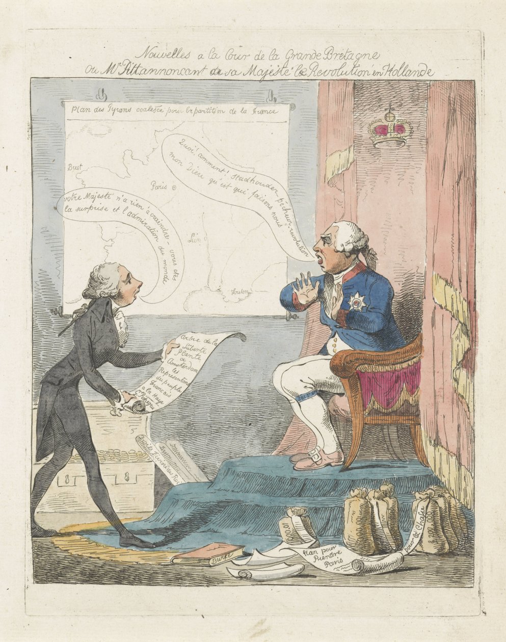 Pitt 1795-ben, Hollandiában hozta fel III. Györgyöt Hírek a Nagy-Britannia udvarában vagy Pitt úr, aki őfelségének bejelenti a forradalmat Hollandiában (cím a tárgyon) alkotó: Anonymous