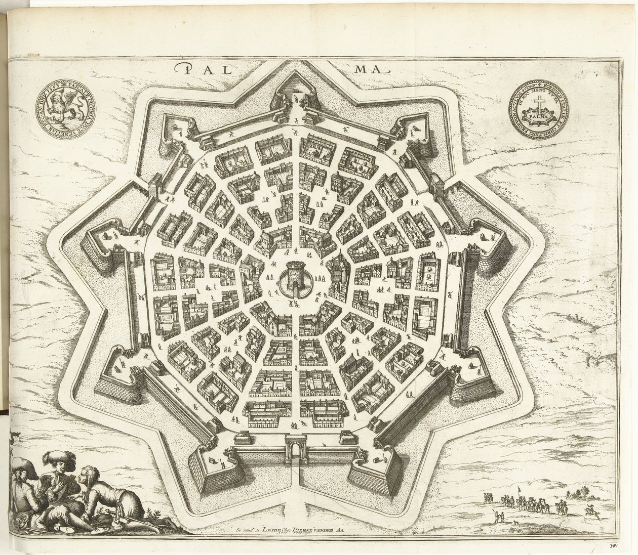 Plattegrond van Palmanova, 1726 Palma (cím a tárgyon) Európa, Ázsia, Afrika és Amerika erői (...) Ahogy Franciaország és Spanyolország partjainak térképei is (a sorozat címe az objektumon) alkotó: Anonymous