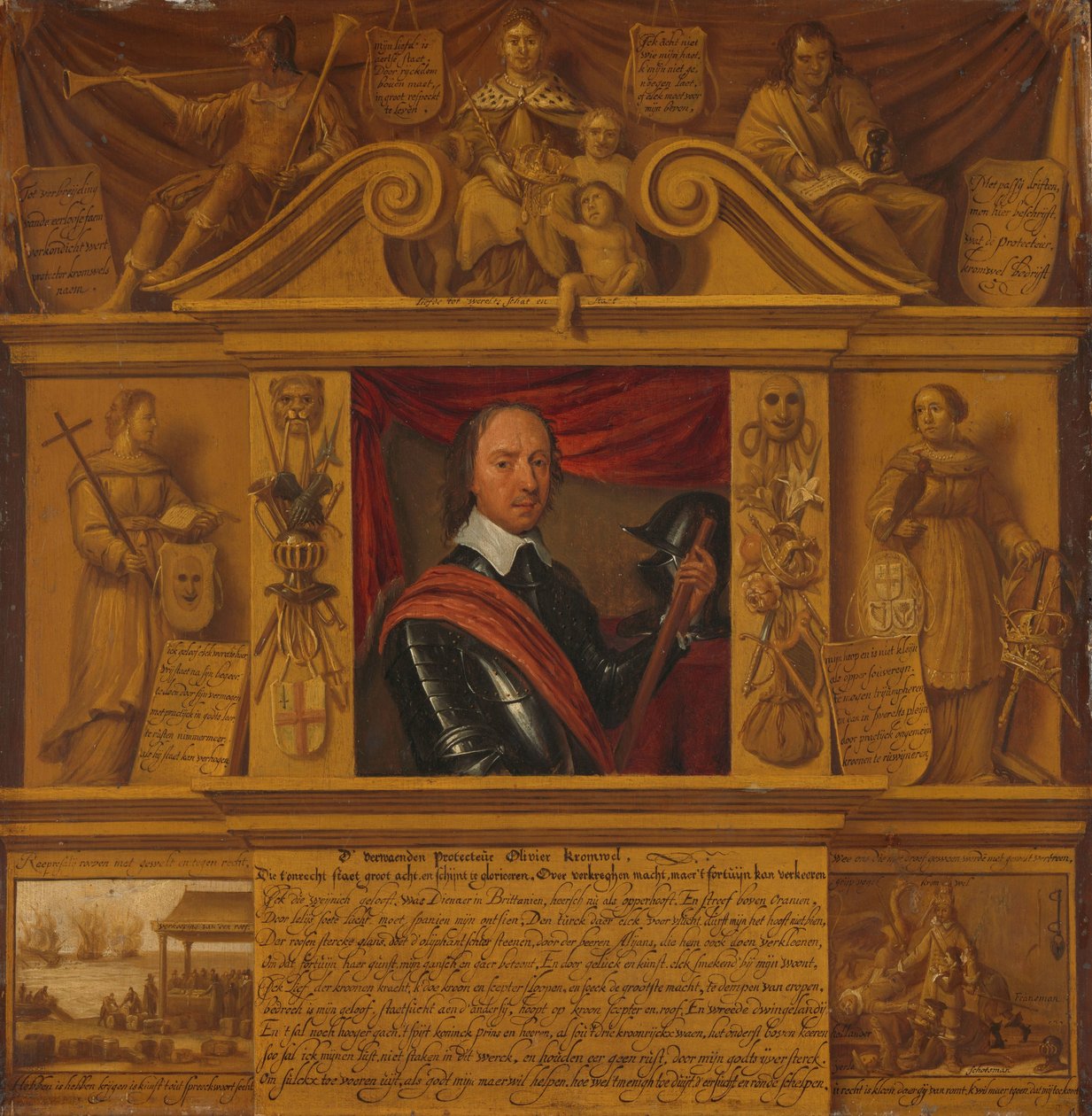 Oliver Cromwell portréja, allegorikus alakokkal és történelmi ábrázolásokkal alkotó: Anonymous