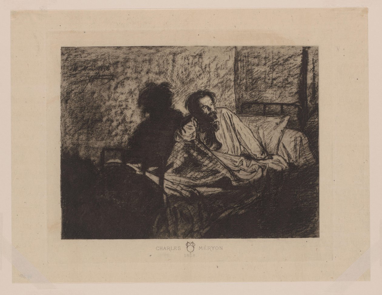 Az ágyban ülő Charles Meryon portréja Charles Méryon 1858 (cím a tárgyon) alkotó: Anonymous