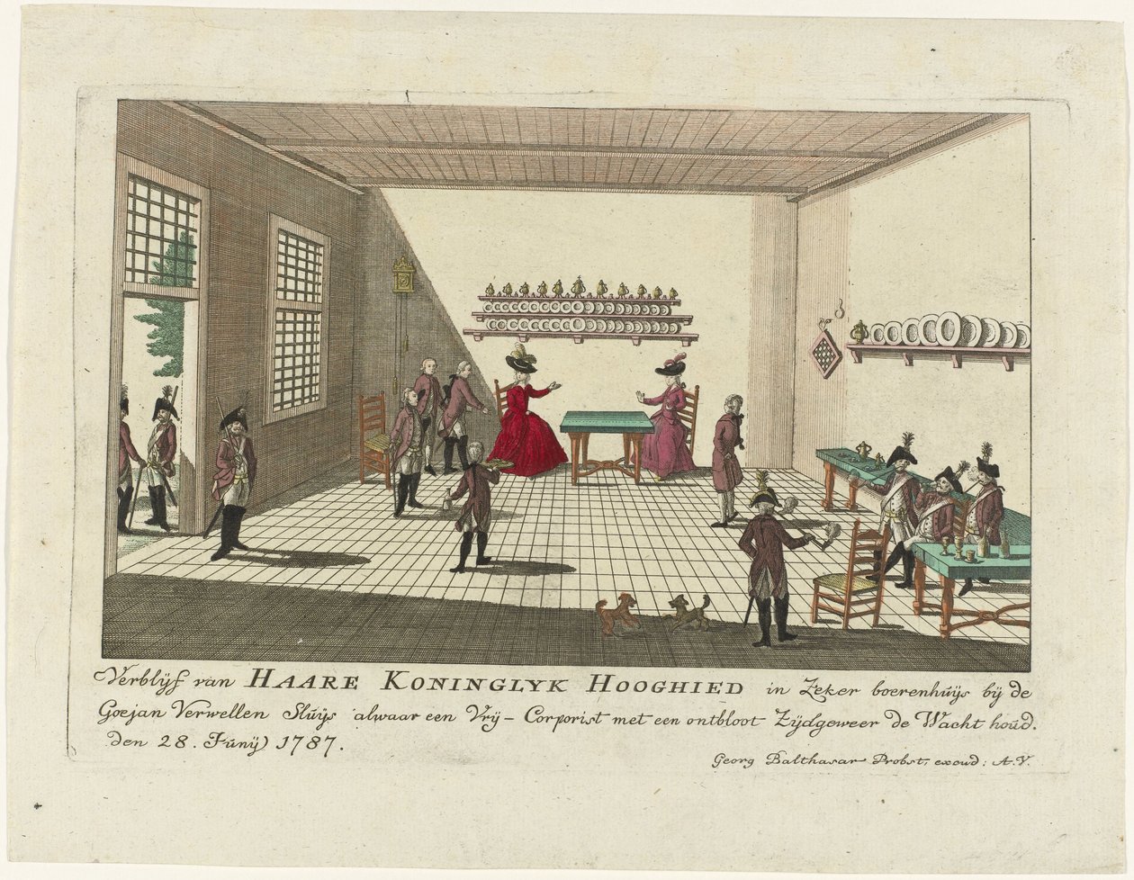 Orange hercegnője a Goejanverwellesluis-i őrszobában, 1787 Haare Koninglyk Hooghied tartózkodása egy bizonyos farmer házban, a Goejan Verwellen Sluijs közelében, ahol egy Vrij-Corpist egy meztelen oldalpuskával virraszt. 1787. június 28. (cím a tárgyon alkotó: Anonymous