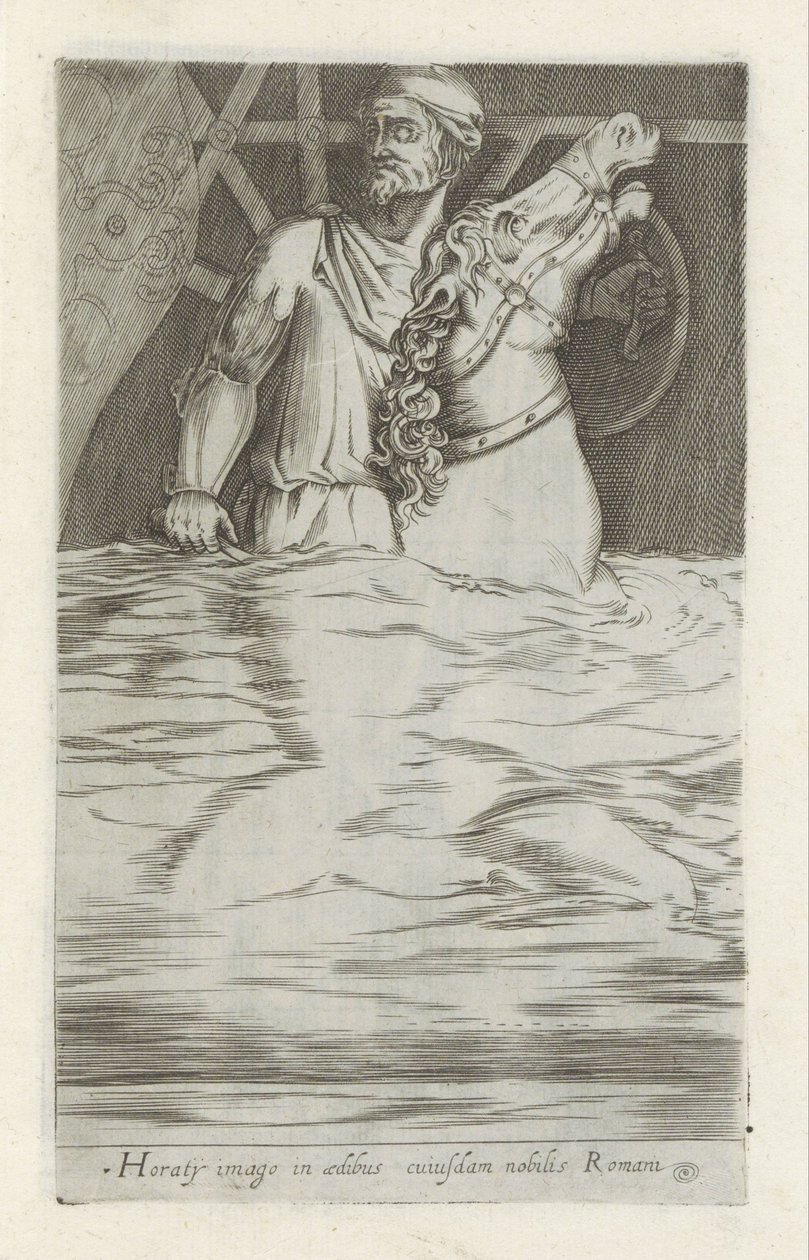 Reliëf van Horatius Cocles te paard die de Pont Sublicus in het water veridrt Horaty képe egy római nemes házában (cím a tárgyon) Antik szobrok Rómában (sorozat címe) Róma városának nyilvános helyeken látható ősi szobrai közül i alkotó: Anonymous