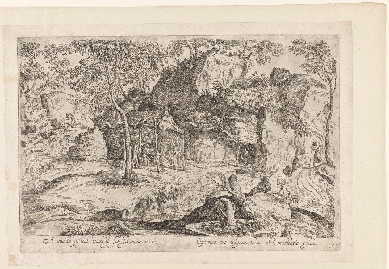 Rotsachtig landschap met dak op palen en rechts leeuw Távol a világtól, nádtető alatt, Landschappen naar Domenico Campagnola (sorozat címe) alkotó: Anonymous