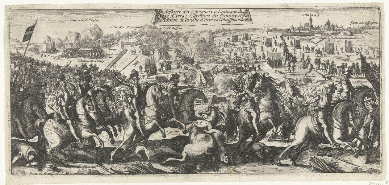 Ruitergevecht bij Arras, 1640 A spanyolok veresége Arras ostromának támadásakor, a konvoj megérkezése és Arras városának feladása a király engedelmességének (cím a tárgyon) alkotó: Anonymous