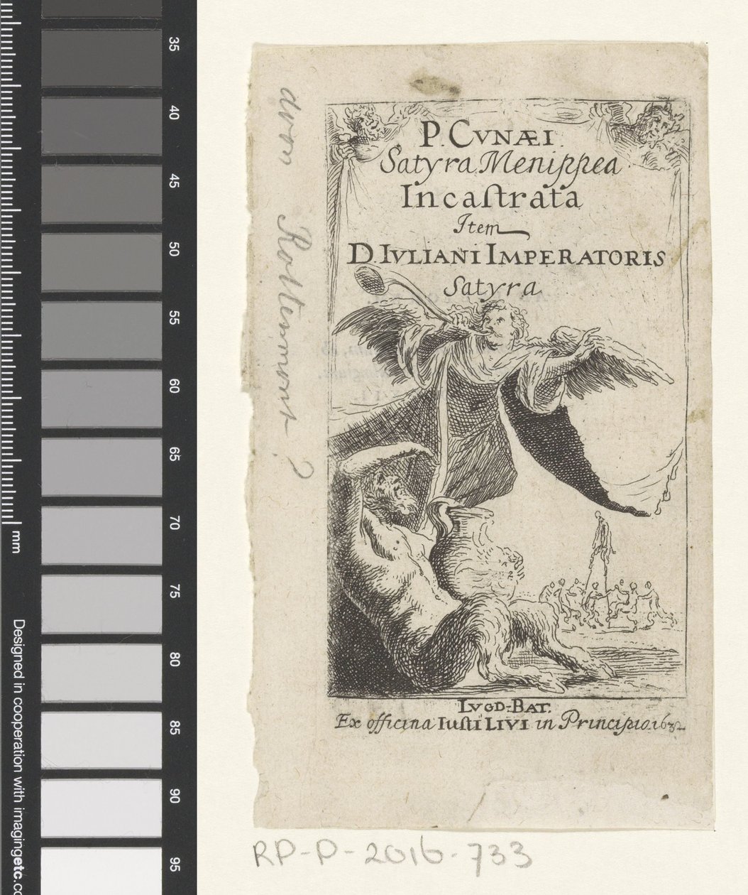 Szatír és angyalfújó trombita Címlap ehhez: Petrus Cunaeus, Satyra Menippea Incastrata, 1632 alkotó: Anonymous