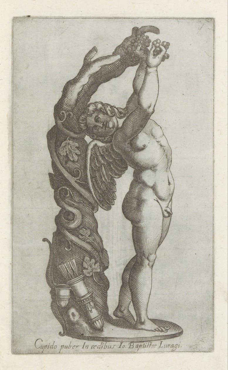 Sculptuur van Amor die druiven plukt Cupido puber Io Baptiste Lugari házában (cím a tárgyon) Antik szobrok Rómában (sorozat címe) Róma városának nyilvános helyeken látható ősi szobrainak ikonjai (sorozat címe) alkotó: Anonymous