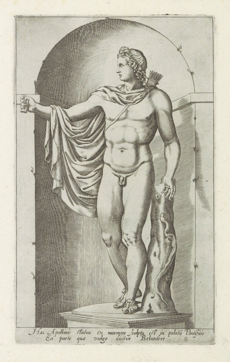 Apollo szobra Apollo Belvedere Apollónak ezt a szobrát márványból faragták a pápai palotában (...) (cím a tárgyon) Antik szobrok Rómában (sorozat címe) Róma város ókori szobrainak ikonjai, amelyek nyilvános helyeken láthatók (sorozat t alkotó: Anonymous