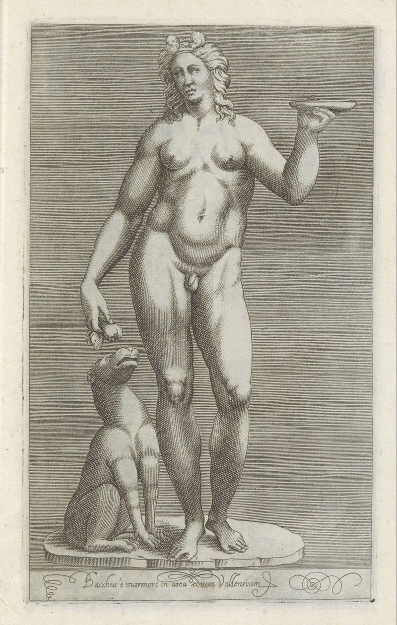 Sculptuur van Bacchus en een hond Bacchus és márvány a Vallens-i palota területén (cím a tárgyon) Antik szobrok Rómában (sorozat címe) Róma városának nyilvános helyeken látható ősi szobrainak ikonjai (sorozat címe) alkotó: Anonymous