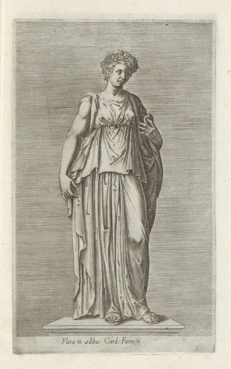 Sculptuur van Flora Flóra a házban Kártya. Farnesij (cím a tárgyon) Antik szobrok Rómában (sorozat címe) Róma városának nyilvános helyeken látható ősi szobrainak ikonjai (sorozat címe) alkotó: Anonymous
