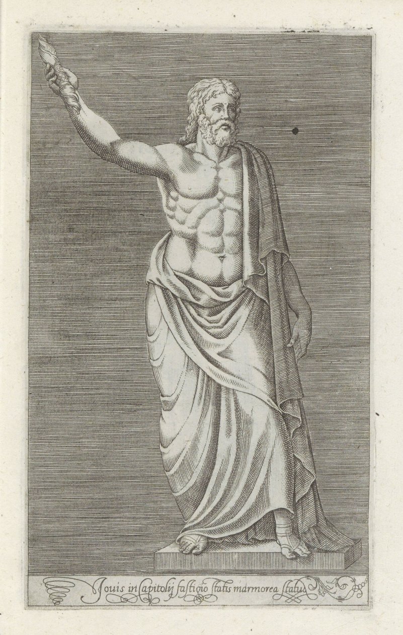Jupiter szobra Jupiter márványszobra a Capitolium csúcsán (cím a tárgyon) Antik szobrok Rómában (sorozat címe) Róma városának nyilvános helyeken látható ősi szobrainak ikonjai (sorozat címe) alkotó: Anonymous