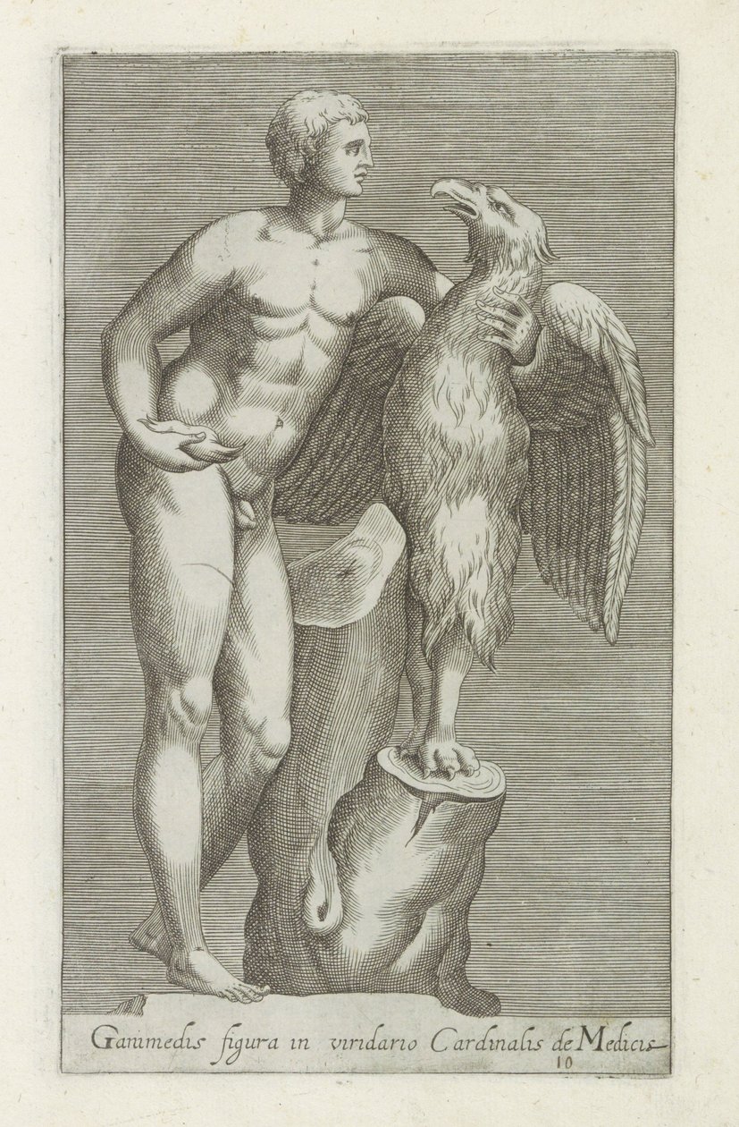 Jupiter szobrászata Ganymedesszel Ganymedes figurája Medici bíboros zöld kertjében (cím a tárgyon) Antik szobrok Rómában (sorozat címe) Róma város ókori szobrainak ikonjai, amelyek nyilvános helyeken láthatók (sorozat címe) alkotó: Anonymous
