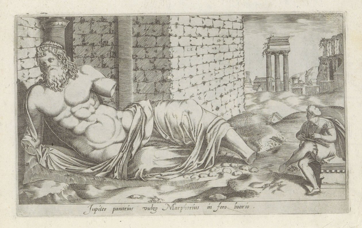 Marforio szobor Jupiter, a kenyérkereső, amelyet Marphoriusnak hívnak a marhapiacon (cím a tárgyon) Antik szobrok Rómában (sorozat címe) Róma városának nyilvános helyeken látható ősi szobrainak ikonjai (sorozat címe) alkotó: Anonymous