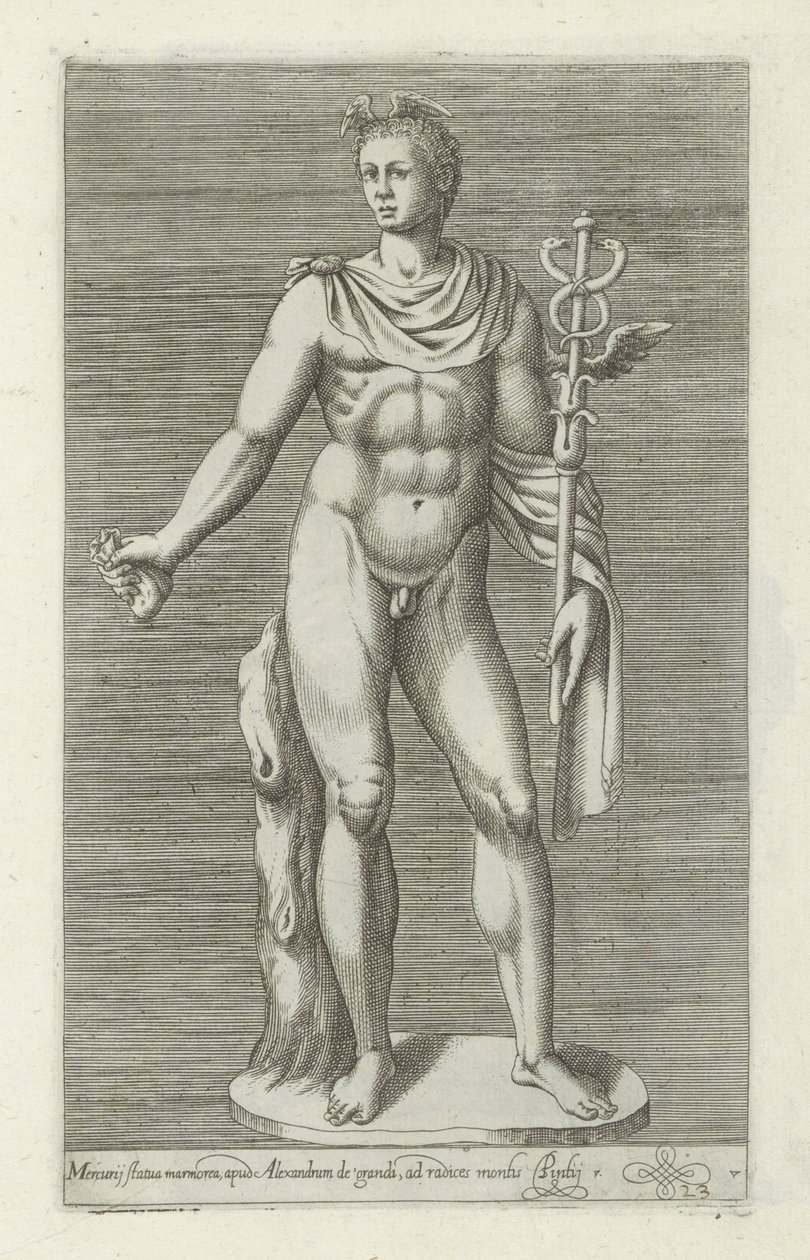 Sculptuur van Mercurius Merkúr márványszobor, Nagy Sándornál (...) (cím a tárgyon) Antik szobrok Rómában (sorozat címe) Róma városának nyilvános helyeken látható ősi szobrainak ikonjai (sorozat címe) alkotó: Anonymous