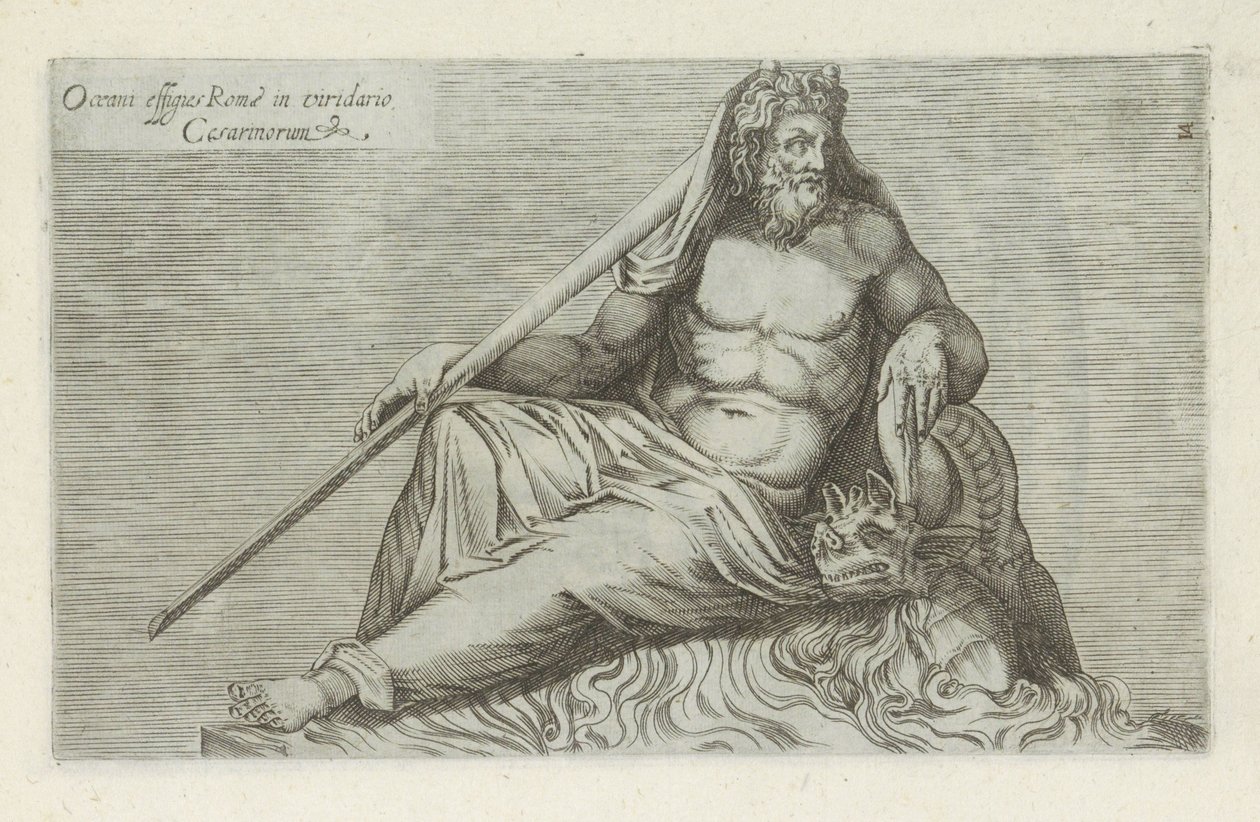 Oceanus szobor Római Oceanus portréja a Caesars zöld kertjében (cím a tárgyon) Antik szobrok Rómában (sorozat címe) Róma városának nyilvános helyeken látható ősi szobrainak ikonjai (sorozat címe) alkotó: Anonymous