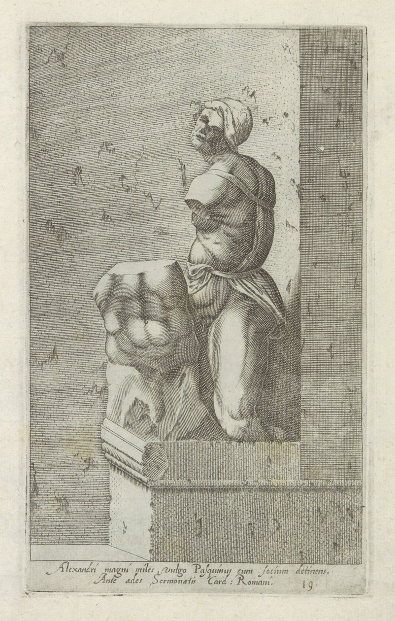 Pasquino szobra Nagy Sándor katonája, közismert nevén Pasquinus, kezében Phocius (...) (cím a tárgyon) Antik szobrok Rómában (sorozat címe) Róma városának nyilvános helyeken látható ősi szobrainak ikonjai (sorozat címe) alkotó: Anonymous