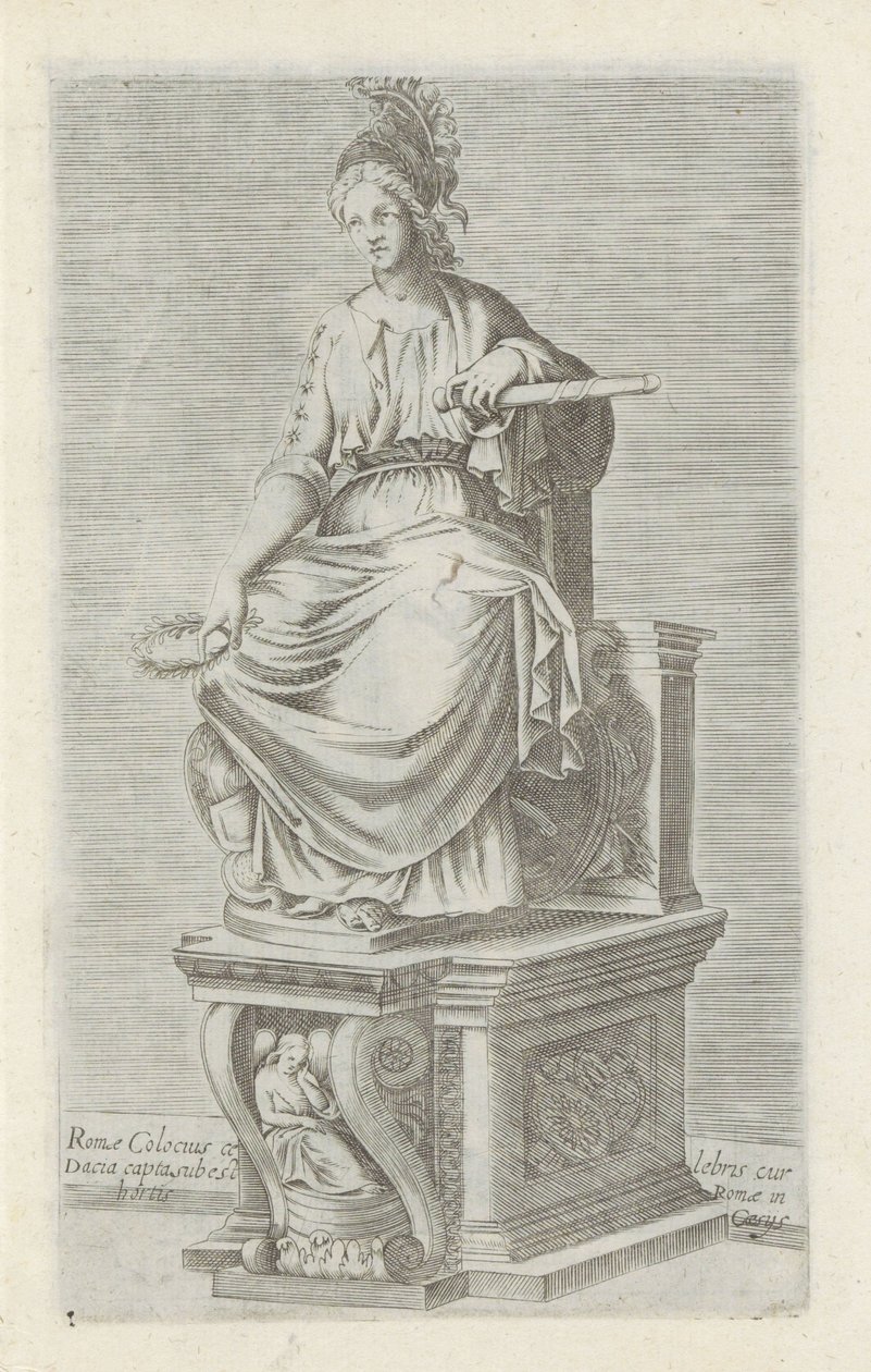 Sculptuur van Rome Híres római gyarmatosító, akinek Daciát elfogták Rómában, Caerius kertjében (cím a tárgyon) Antik szobrok Rómában (sorozat címe) Róma városának nyilvános helyeken látható ősi szobrainak ikonjai (sorozat címe) alkotó: Anonymous