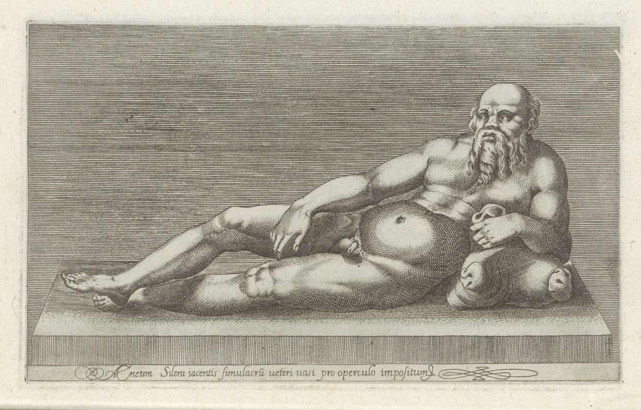 Sculptuur van Silenus Aeneas Silenus bronzszobra egy régi edényen hever fedőnek (cím a tárgyon) Antik szobrok Rómában (sorozat címe) Róma város ókori szobrainak ikonjai, amelyek nyilvános helyeken láthatók (sorozat címe) alkotó: Anonymous