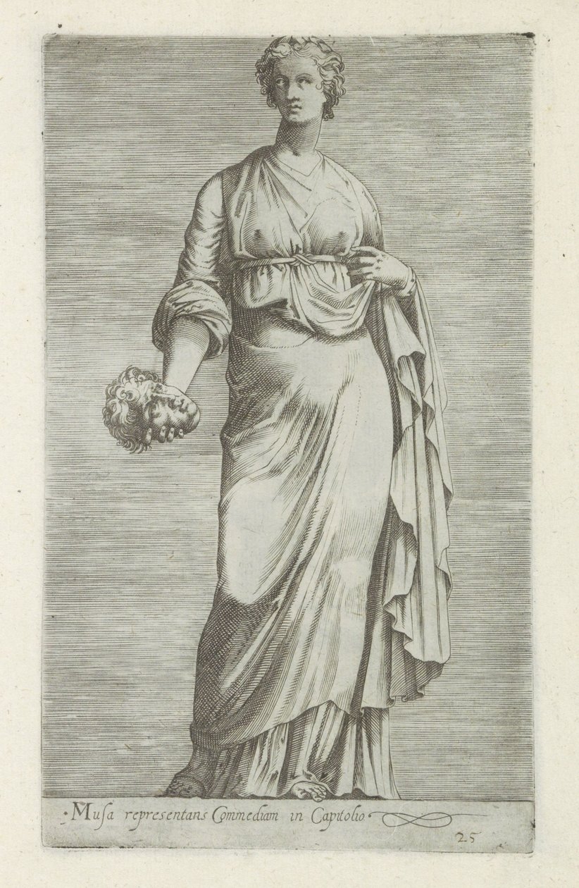 Sculptuur van Thaleia, muze van de komedie A vígjátékot képviselő múzsa a Capitoliumban (cím a tárgyon) Antik szobrok Rómában (sorozat címe) Róma városának nyilvános helyeken látható ősi szobrainak ikonjai (sorozat címe) alkotó: Anonymous
