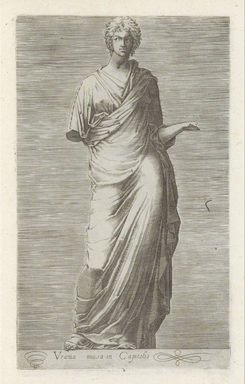 Sculptuur van Urania, muze van de sterrenkunde Uránia, a múzsa a Capitoliumban (cím a tárgyon) Antik szobrok Rómában (sorozat címe) Róma város ókori szobrainak ikonjai, amelyek nyilvános helyeken láthatók (sorozat címe) alkotó: Anonymous