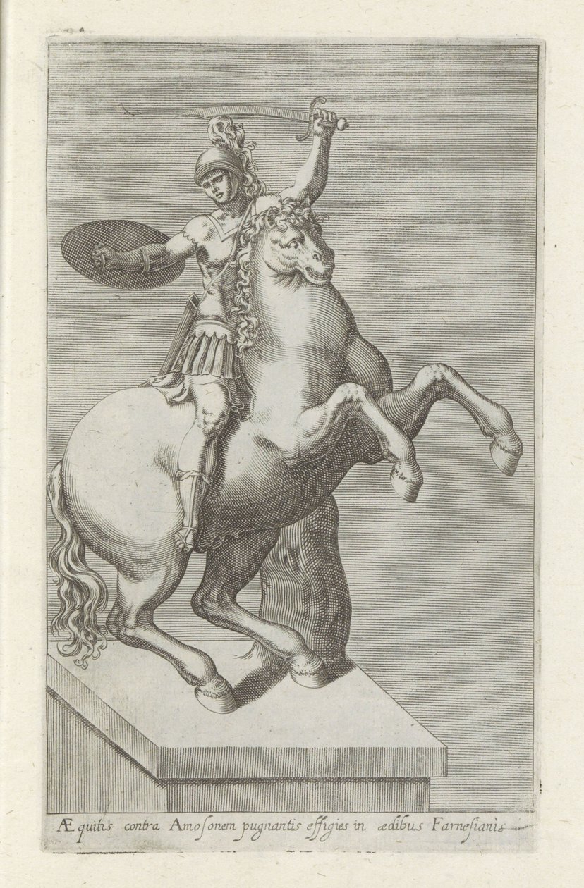 Sculptuur van een Romeinse soldaat te paard Equites Amos ellen (...) (cím a tárgyon) Antik szobrok Rómában (sorozat címe) Róma városának nyilvános helyeken látható ősi szobrainak ikonjai (sorozat címe) alkotó: Anonymous