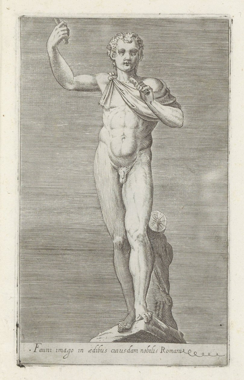 Sculptuur van een faun Faun képe egy római nemes házában (cím a tárgyon) Antik szobrok Rómában (sorozat címe) Róma városának nyilvános helyeken látható ősi szobrainak ikonjai (sorozat címe) alkotó: Anonymous