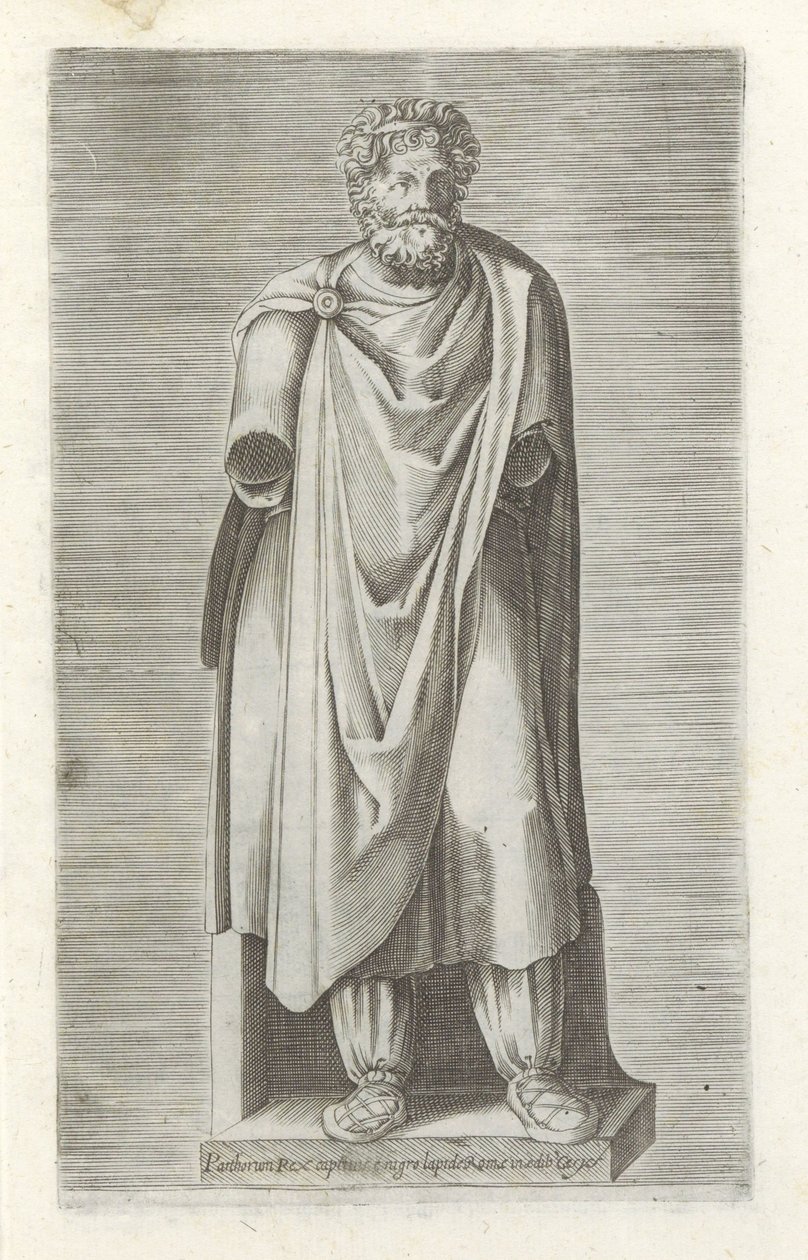 Sculptuur van een gegengen koning Parthorium király foglyai Róma fekete kövéből Cesys épületében (cím a tárgyon) Antik szobrok Rómában (sorozat címe) Róma városának nyilvános helyeken látható ősi szobrainak ikonjai (sorozat címe) alkotó: Anonymous