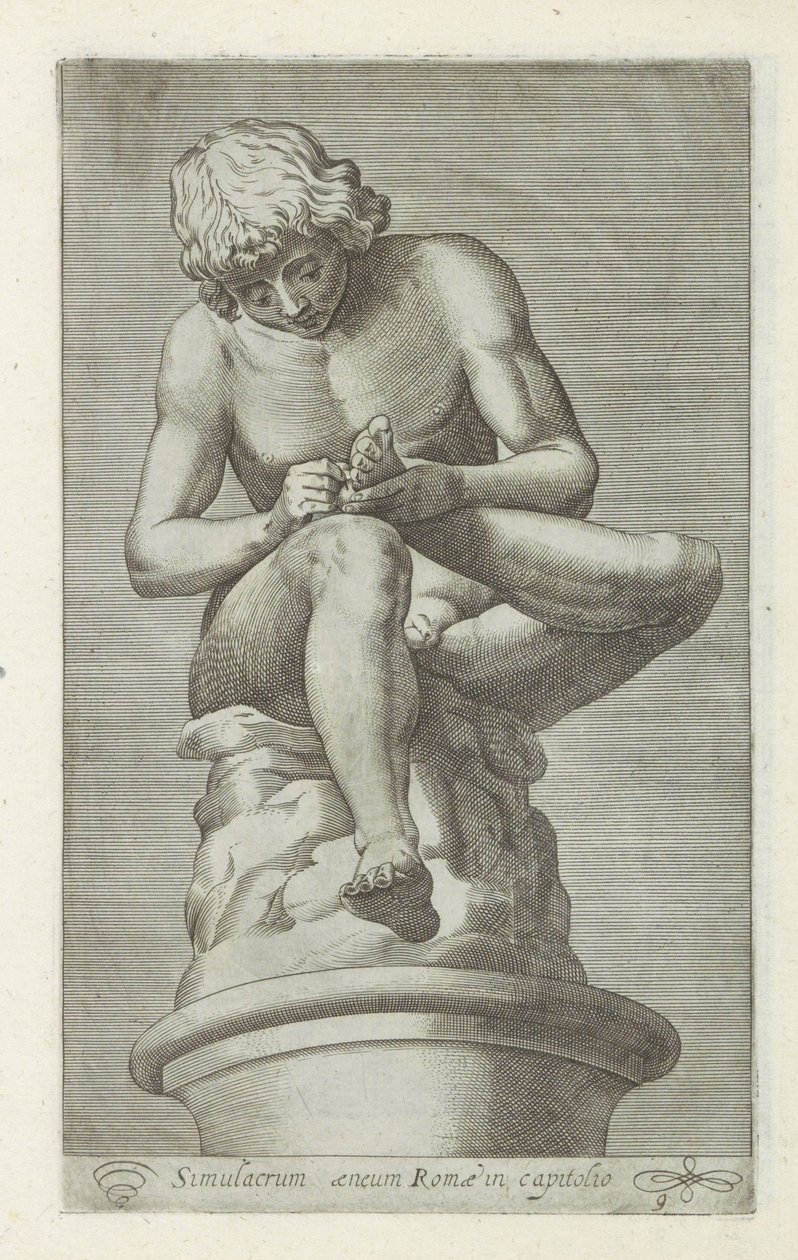 Sculptuur van een jongen met een doorn in de voet Gerincvelő Róma bronz szimulákruma a fővárosban (cím a tárgyon) Antik szobrok Rómában (sorozat címe) Róma városának nyilvános helyeken látható ősi szobrainak ikonjai (sorozat címe) alkotó: Anonymous