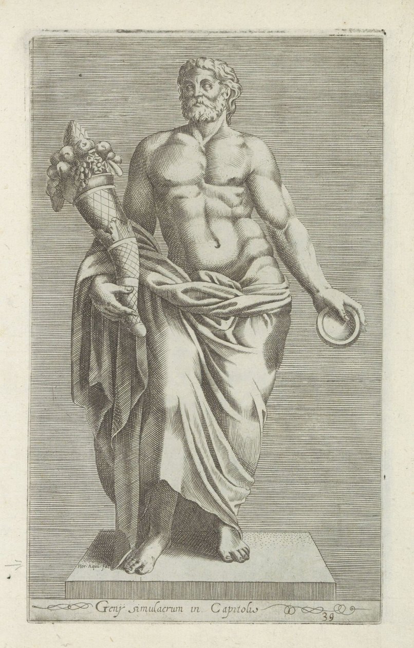 Sculptuur van een man met een hoorn des overvloeds Geny szobra a Capitoliumban (cím a tárgyon) Antik szobrok Rómában (sorozat címe) Róma városának nyilvános helyeken látható ősi szobrainak ikonjai (sorozat címe) alkotó: Anonymous
